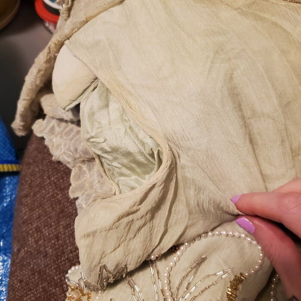 Vintage 1970s Retro Green Silk Floral Palm Leaf Gold Beaded Maxi Dress - Picture 15 of 15